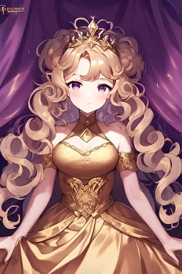 Brunette princess <description> “brown curly hair” “royal purple and gold dress” “dazzling tiara”