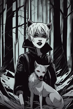 vampire girl showing fangs with short cropped cyberpunk hair wandering with her wolf in tangled forest in the moonlight