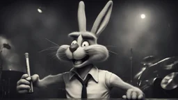 photorealistic deppressed dark melancholic sad Bugs bunny with blackeye deppressed doing music rock and roll dark heavy metal on a scene alcoholic, ciggaretes sad sad sad ciggarets