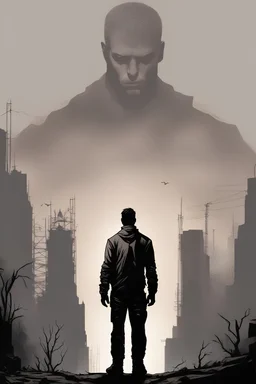 man, standing, silhouette, comic book,post-apocalypse, gray background,