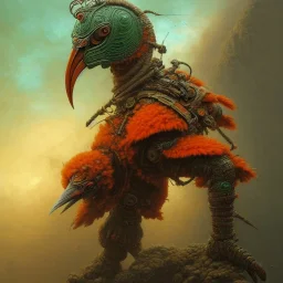 an ibis warrior in orange and green full battle armor, a highly detailed illustration, background of giant crashing ocean waves, realistic render, 8 k, micro detail, intricate, elegant, centered, digital painting, Artstation, smooth, sharp focus, illustration, artgerm, tomasz alen kopera, peter mohrbacher, donato giancola, joseph christian leyendecker, wlop, boris vallejo