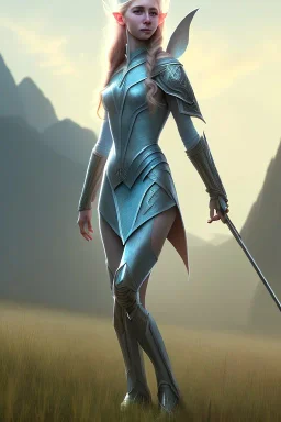 elven young woman, wearing light dress, happy expression, visible ultradetailed armonious cute femine face, visible armonious 2 legs 2 feet 2 hands and 2 pointy ears, luminous weather, field in the mountains, ultra realistic, concept art, intricate details, highly detailed, photorealistic, octane render, 8 k, unreal engine, art by artgerm and greg rutkowski and charlie bowater and magali villeneuve and alphonse mucha