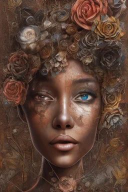 an abstract painting of rusted metal and flowers, heart filled with love African slave lady working, rust, scaffolding, iron cladding, decay, mixed media, textured, anatomically correct, beautiful perfect face, sharp focus, highly detailed