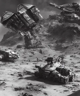 Crashed photorealistic futuristic destroyed mechanical mechwarrior transformer warhammer gundam alien abandoned wreckage in old battlefield blast crater on the lunar surface ancient pyramid temple