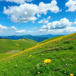 beautiful Green hills covered with flowers colorfull ,blue sky pretty clouds ,some strange flowers with love sumbol ,wonderfull mountains at distance