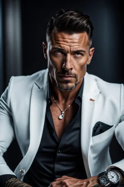 portrait of a 40 year old Handsome muscular male leader with lightly tanned skin and tattoos. Dark hair cut short and a goatee beard. wearing a white suit. photorealistic