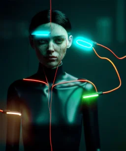 Ultra realistic photographic night portrait, cinematic, brunette woman, <hanging wires> <retro monitor> many wires coming out of the head <perfect pupil> <cyborg arm> <garage> <wide angle Shot> <sci-fi futuristic> <thriller>, led lights, color fog, soft color, highly detailed, unreal engine 5, ray tracing, RTX, lumen lighting, ultra detail, volumetric lighting, high definition.