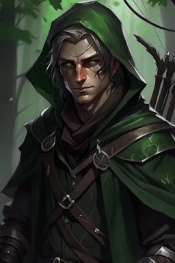 35 year old male dark rogue elf, thief assassin, Mauve hair, messy hair, bright green eyes, brown skin, black hood, black leather, messy, disheveled, trees, sneaky, bow and arrows, long and lean