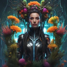 Expressively detailed and intricate 3d rendering of a hyperrealistic: woman, cyberpunk plants and flowers, neon, vines, flying insect, front view, dripping colorful paint, tribalism, gothic, shamanism, cosmic fractals, dystopian, dendritic, artstation: award-winning: professional portrait: atmospheric: commanding: fantastical: clarity: 16k: ultra quality: striking: brilliance: stunning colors: amazing depth