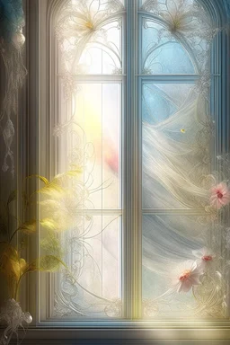 Shabby chic style, transparent tulle on the windows, light botanical, detail, airbrushing, drawing with fine strokes, fantasy, floral tenderness, glass, digital art, sun rays, glare, splashes, pastel tones, sparks, lights, Pixel expansion, many details, delicate sensuality, made of stone and glass, intracate details, lineout, mysticism, realistic, high quality, work of art, professional, filigree, pearl light mist