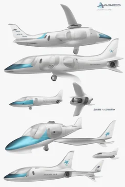 ideation aeroplane airmed inspired by shark with side view, quarter view and front view