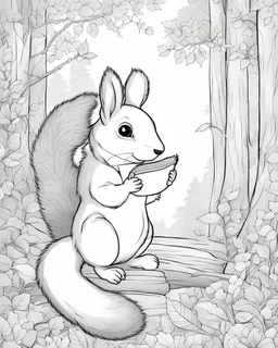 A captivating coloring book for kids scene featuring an squirrel in the forest, manga style.