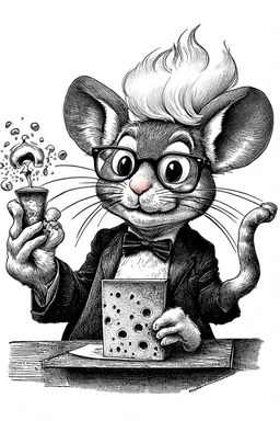 - “Mr. Whiskers McStreusel crazy old mouse doing magic inside his magic cheese shop, a wiry fellow with wild white hair and glasses so large they practically covered his whole face.” charcol sketch on white background