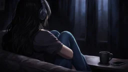 dark 3d anime style, close up in the foreground back to the camera a woman sitting on sofa with her knees pulled to her chest.. in comfortable t-shirt and jeans clothes.. her is normal body not too thin,,Her face is not visible at all. She long dark hair partially covering the side of her head. a headphones on her head and near a table with one mug and a mobilphone on table, heavy dark courtains covers window suggesting to shut out the outside world. She is facing the window,
