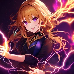 8k, Girl, high quality, detailed, golden hair, purple eyes, beautiful lighting, vibrant colors, laughing, lightning magic