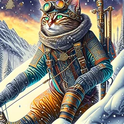 Hermosa ilustración steampunk coloreada arte lineal de un gato antropomorfico con traje de esquiador, esquiando en la nieve, calidad ultra, hiperdetallado,12k