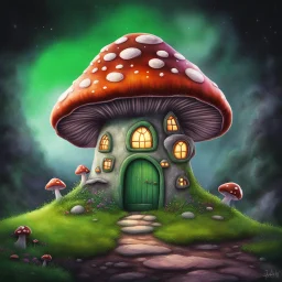 Outer space mushroom house on a lush green space island. Rich brown dirt and Bright Crystals comprise the base of the island. The Mushroom house has a lantern hanging above the door and a wispy green smoke rising from a gray stone chimney. Bold Bright Colors, Stark Dark background. Fantasy Style. High Quality, Painterly, Whimsical, Fun, Imaginative, Bubbly,