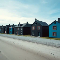 Fotografia di strada assurda e falsa orripilante blu Vlkolínec weirdcore dai colori vivaci. Yves Tanguy. Non luogo falso, inusuale. Max Ernst. Le case sono false e dipinte di nero chiaro con cose stilizzate e dettagli. Ci sono finestrelle false quadrate, che danno un senso distopico e molto surreale, disposte in modo casuale. L'atmosfera generale sembra noiosa e onirica, con un contrasto tra elementi reali ed elementi dipinti falsi, on the shore, René Magritte, oddest things