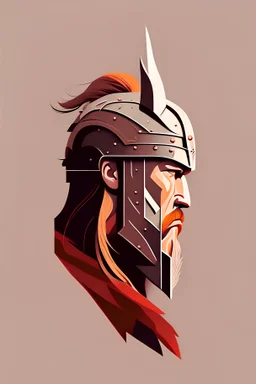 side portrait, masculine warrior face, wearing thor helmet, flat vector style art, warm nord colors, grey bg