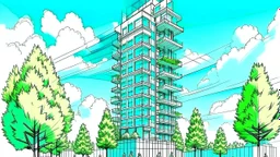 Dibujo arquitectónico de un edificio de cinco pisos, moderno, diseñado aplicando la proporción, estilo minimalista futurista, calidad ultra, gente, árboles, colores contrastantes, cielo con nubes pequeñas, 64k