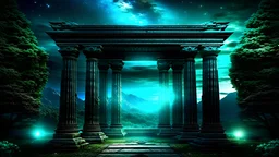 my dreams . podium for meditation , day landscape, In the garden my mind bows . meditation . ancient big colonades for meditation palace built in the jungle , mountains. space color is dark , where you can see the fire and smell the smoke, galaxy, space, cosmos, panorama. Background: An otherworldly planet, bathed in the cold glow of distant stars. Northern Lights dancing above the clouds in amazon. Fantasy gate floating in the universe