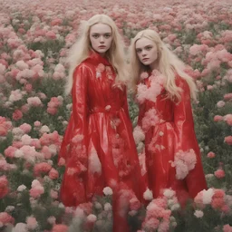 Elle fanning and dakota fanning , as flowers, red shiny plastic coats