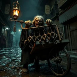 dark fantasy, nihilistic, low angle close up of creepy old crone selling dark arts withered monkey paw charms hanging from a bar on a large wooden peddler cart on a muddy street in a fantastical city slum at night, volumetric lighting from a torch attached to the crone's trinket cart, foreboding, grainy photography