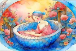 woman in bubblebath, wet on wet + sunrise, petals, watercolor patchwork by Daniel Merriam, Josephine Wall. elegant beautiful watercolor aquarelle