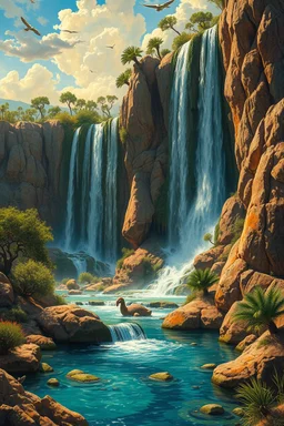 Hieronymus Bosch Style high quality picture waterfall in the desert sunny