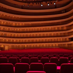 a single chair on stage under spotlight close up view facing empty audience at a dark and empty symphony hall