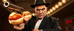 mean looking mafia thug with hot dog hand gun
