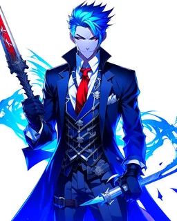 Stunning male anime character, drawn with intricate details on white background. The character is tall and muscular, with spiky blue hair and piercing blue eyes. Dark suit, with a red tie and black gloves. In one hand, he holds an elegant sword, its blade reflecting the light menacingly, while the other hand rests on his hip. The overall atmosphere of the picture is intense and dramatic, with a touch of mysterious charm.