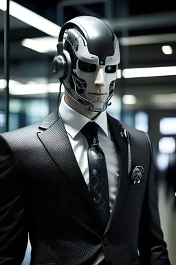 business suit, security headphone, in office, cyborg