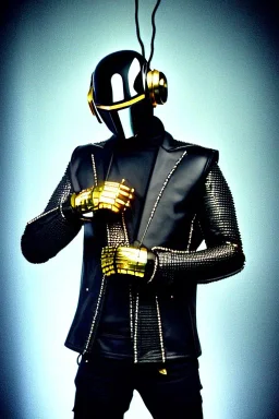 Metallic Cyber-punk man with camera-mask, old AKG-style headphones, golden rings. Fencing mask covers man's cheeks. Good body shape. Body and head full of integrated old-fashioned cameras. Ancient silver telephone attached to perfect body, trunk. 5th dimensional Escher tiling background. Daft Punk, Tron Movie. Matrix movie, black leather jacket, tippet. Black latex areas in black leather surfaces body. 1990's pimper. Ancient AKG-microphone as mouth. strong fear or disgust of closely packed holes