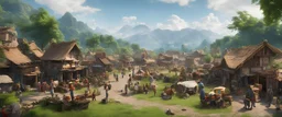 A busy outdoor village market, in a beautiful outdoor countryside summer scene, with distant hills & fields, many intricate dwellings, many animals, many pathways & stairways, waterfalls, & a waterwheel : very high detail, photorealistic, epic cinematic, 8K, Large depth of field