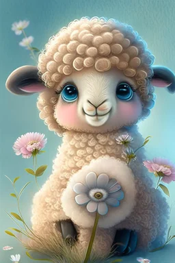 dorable cute happy baby scottish highland sheep with dreamy eyes, sitting down and holding a flower, nursery art, very rendered polished Perfect, smooth edges, flawless Facial Features, Stunning, Whimsical Fantasy, Cute, Highly Detailed, Well Rendered, cartoon, illustration