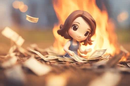 paper money stacks, cute chibi brunette princess desperately throwing a pile of paper money onto a burning bonfire with a pitchfork in sunshine, ethereal, cinematic postprocessing, bokeh, dof