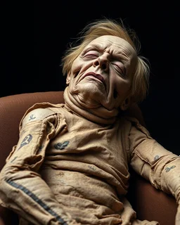a chubby really old mummified male corpse, eyes closed, strawberry blonde hair, leaned over in a brown chair