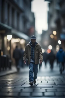 man walking in the streets with card parts as clothes ,shot on Hasselblad h6d-400c, zeiss prime lens, bokeh like f/0.8, tilt-shift lens 8k, high detail, smooth render, down-light, unreal engine, prize winning