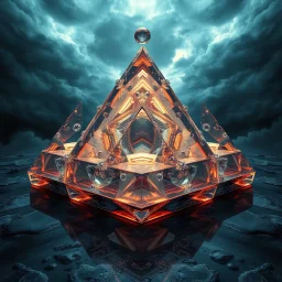 Dynamic hypnotic fractal 3D Pyramids pentagonal Symmetry and morphing between organic and geometric forms , smooth translucent iridescent glass with inner glow and bubbles, varied transparent materials, stormy skies, intense dramatic