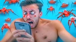 guy drooling while censored videos on smartphone surrounded by tiny crabs