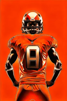 Silhouette of a football linebacker with a punisher skull on front of jersey instead of numbers, orange background, photorealistic