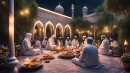 Hyper Realistic Muslims having Iftar-Preparations outside a mosque on a beautiful garden with Ramadan Decorations inside home at night with dramatic & cinematic Ambiance