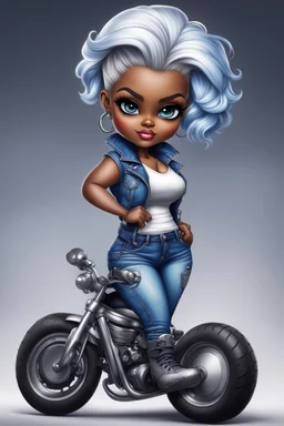 create an airbrush illustration of a chibi cartoon voluptuous black female wearing a blue jean outfit with biker boots. Prominent make up with hazel eyes. Extremely highly detail of a very low platinum blonde pixie haircut. Background of a bike show.