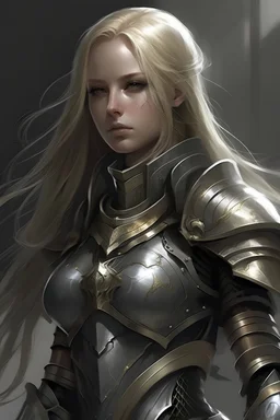 female with long blonde hair, wearing metal armor