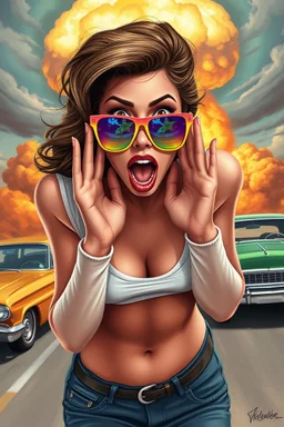 an young woman leaning forward(cropped tightly from between nose and stomach, white top with wide neck opening, cleavage, hands at face with surprised expression, home alone scream, wavy hair, large cheep colorful sunglasses, gloss lips), nuclear explosion and classic Cars in background, greaser, digital painted illustration