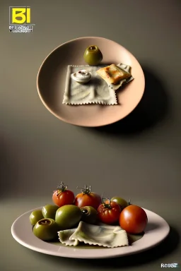 renaissance style still life composite, dish of Raviolis with natural tomato, albahaca, olives, olive oil. moisture, art, natural, ornaments, ceramic, marble, high kitchen, smooth, god rays, unreal engine 5, ray tracing, RTX, lumen lighting, ultra detail, volumetric lighting, 3d.