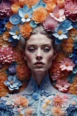 hyperrealistic scene YSL editorial photograph vogue of- mid-portrait of beautiful HD face model wears quantum deity intricate origami flowers detailed quilling paper translucent plastic clothing, mixed media impressionism, fine arts and crafts, intricate embroidery, rococo spirtualism intricate details, highly detailed, cinematography, by pascal blanche rutkowski, artst