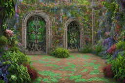 open iron gates made of colorful stained glass, covered in vines, trees, very large entry leading to a lush garden, see lot details in the garden, photo realistic 4k, nature, beautiful hand laid checkered pattern stone walkway path, trending on artstation, sharp focus, studio photo, intricate details, highly detailed, by greg rutkowski