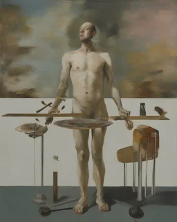 human body, universe-like table,complex surgical instruments mixed with human body-like musical instruments,minimalism,Painting By Adrian Ghenie, Rene Magritte, Salvador Dali, Lucian Freud